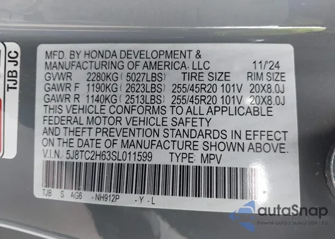 2025 Acura Rdx A-Spec Package from USA, damaged, VIN 5J8TC2H63SL011599